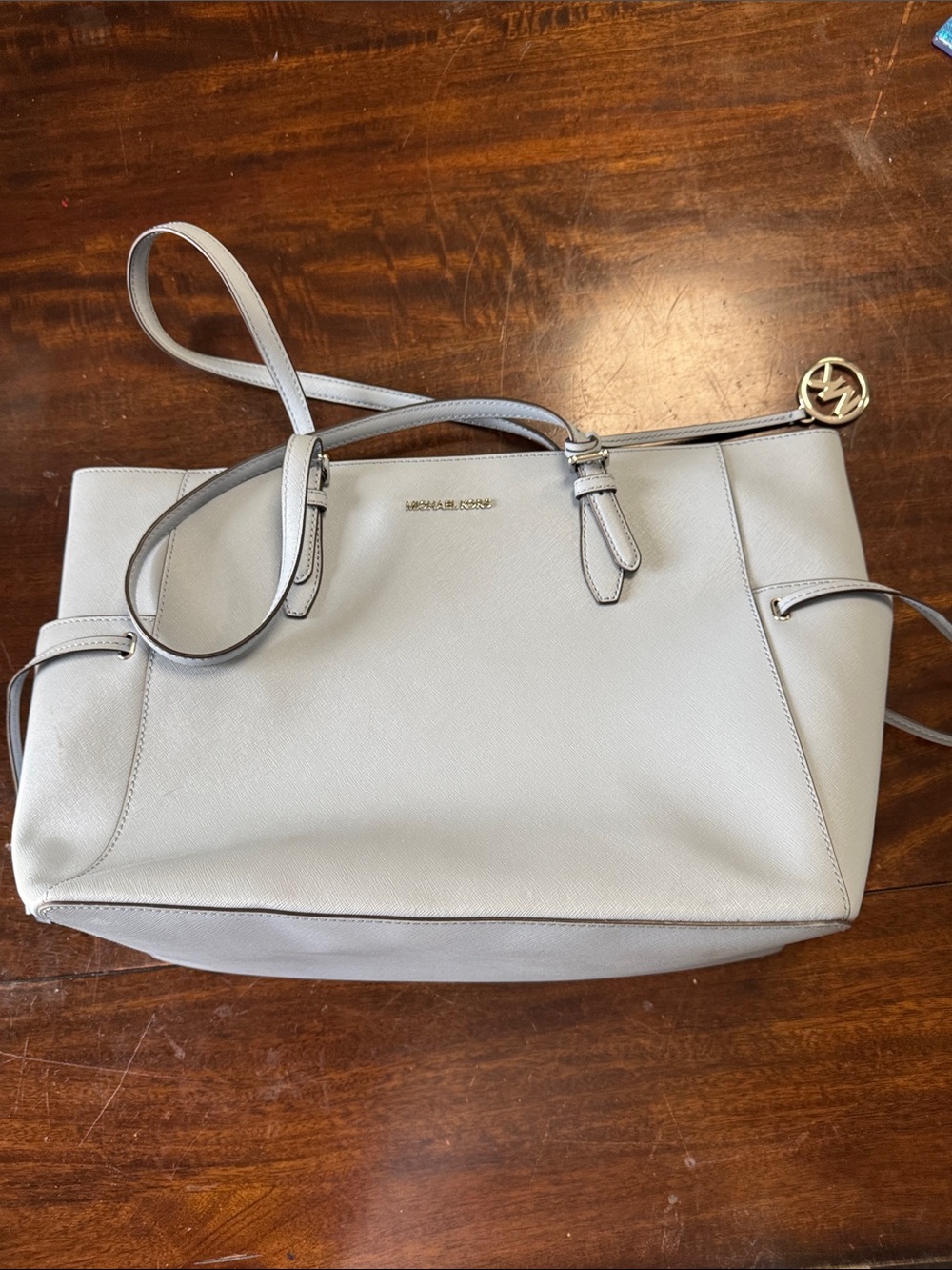 Michael Kors Pale Gray Saffiano Leather Tote with Logo Charm